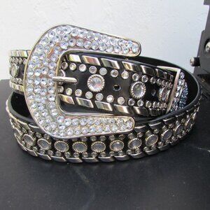 Black Leather Inlaid Rhinestone & Metal Stud Belt XL 49"